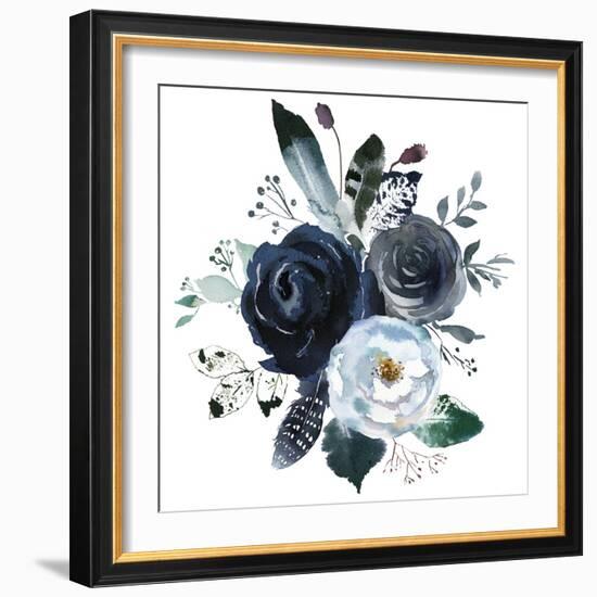 Watercolor Floral Wreath Roses Peonies Leaves Boho Grey Navy White Indigo Blue Isolated on White Ba-Yuliya Podlinnova-Framed Art Print