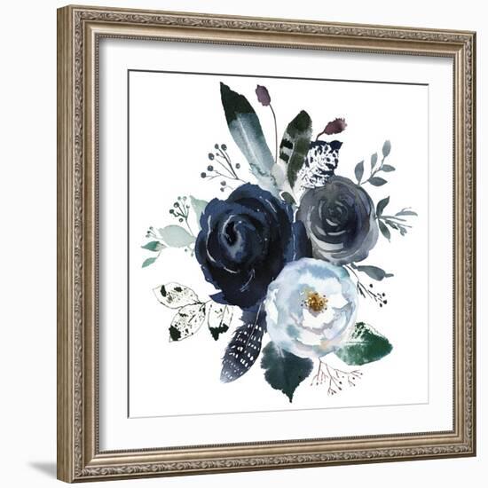 Watercolor Floral Wreath Roses Peonies Leaves Boho Grey Navy White Indigo Blue Isolated on White Ba-Yuliya Podlinnova-Framed Premium Giclee Print