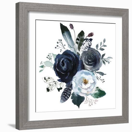 Watercolor Floral Wreath Roses Peonies Leaves Boho Grey Navy White Indigo Blue Isolated on White Ba-Yuliya Podlinnova-Framed Premium Giclee Print