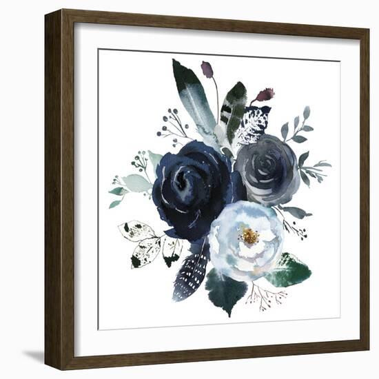 Watercolor Floral Wreath Roses Peonies Leaves Boho Grey Navy White Indigo Blue Isolated on White Ba-Yuliya Podlinnova-Framed Premium Giclee Print