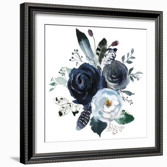 Watercolor Floral Wreath Roses Peonies Leaves Boho Grey Navy White Indigo Blue Isolated on White Ba-Yuliya Podlinnova-Framed Premium Giclee Print