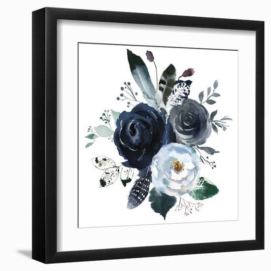 Watercolor Floral Wreath Roses Peonies Leaves Boho Grey Navy White Indigo Blue Isolated on White Ba-Yuliya Podlinnova-Framed Art Print