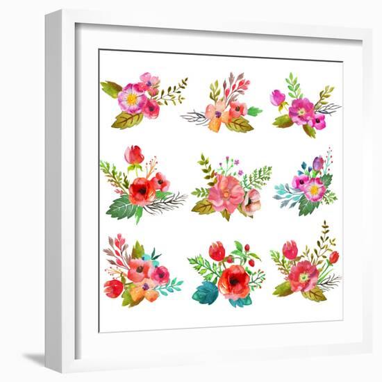 Watercolor Hand Drawn Buttonholes with Colorful Flowers and Leaves. the Art Paint on White Backgrou-Anastacia Mironova-Framed Photographic Print