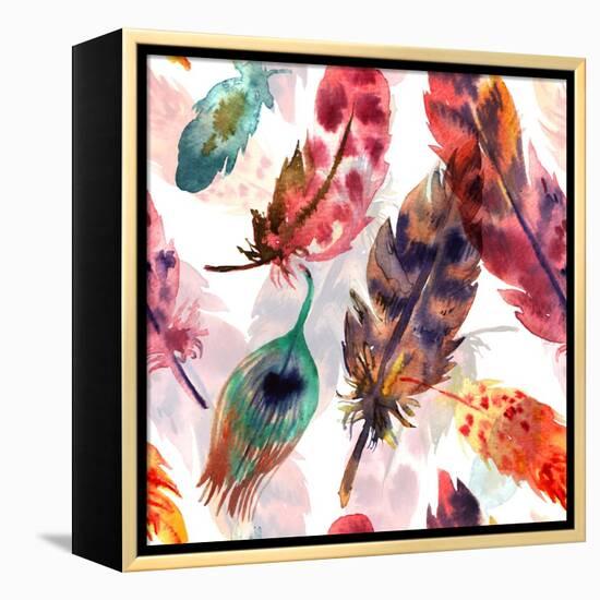 Watercolor Hand Drawn Illustration Decorative Feathers. Boho Style Seamless Pattern. Use for Postca-Margarita Steshnikova-Framed Stretched Canvas