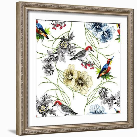 Watercolor Hand Drawn Seamless Pattern with Tropical Summer Flowers and Exotic Birds on White Backg-KostanPROFF-Framed Art Print