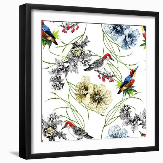 Watercolor Hand Drawn Seamless Pattern with Tropical Summer Flowers and Exotic Birds on White Backg-KostanPROFF-Framed Art Print