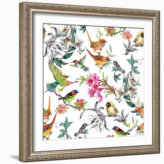 Watercolor Hand Drawn Seamless Pattern with Tropical Summer Flowers and Exotic Birds on White Backg-KostanPROFF-Framed Art Print