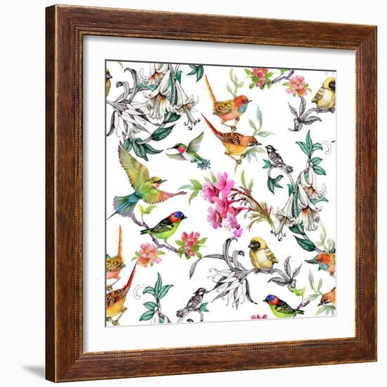 Watercolor Hand Drawn Seamless Pattern with Tropical Summer Flowers and Exotic Birds on White Backg-KostanPROFF-Framed Art Print