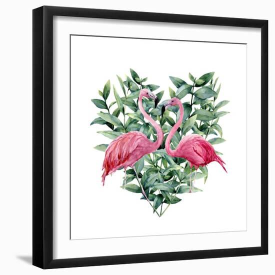 Watercolor Heart with Pink Flamingo and Eucalyptus Leaves. Hand Painted Pink Flamingo and Leaves Is-Y_D-Framed Art Print