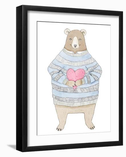 Watercolor Illustration Cute Bear in Sweater with Heart. Perfect for Valentines's Day Cards.-Maria Sem-Framed Art Print