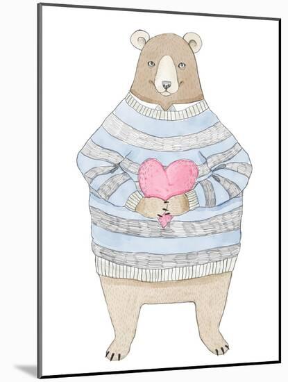 Watercolor Illustration Cute Bear in Sweater with Heart. Perfect for Valentines's Day Cards.-Maria Sem-Mounted Art Print