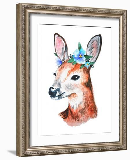 Watercolor Illustration. Cute Young Deer with Blue Flowers on Head.-Maria Sem-Framed Art Print
