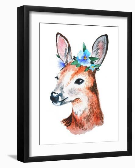 Watercolor Illustration. Cute Young Deer with Blue Flowers on Head.-Maria Sem-Framed Art Print