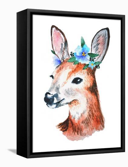 Watercolor Illustration. Cute Young Deer with Blue Flowers on Head.-Maria Sem-Framed Stretched Canvas