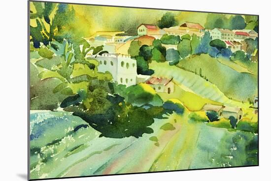 Watercolor Landscape of Village on a Hill-Painterstock-Mounted Art Print