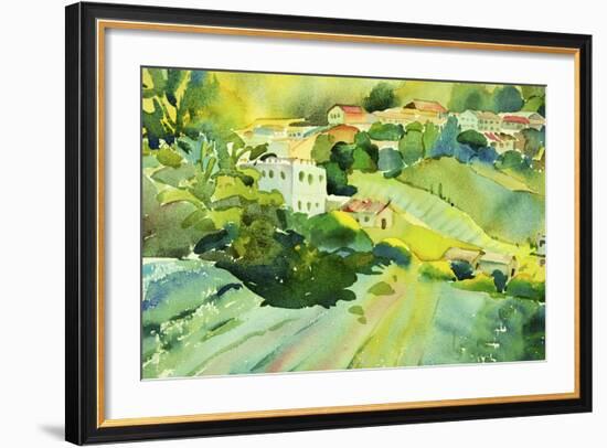 Watercolor Landscape of Village on a Hill-Painterstock-Framed Art Print