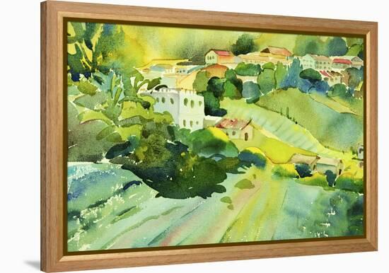 Watercolor Landscape of Village on a Hill-Painterstock-Framed Stretched Canvas