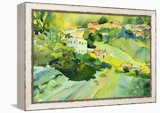 Watercolor Landscape of Village on a Hill-Painterstock-Framed Stretched Canvas