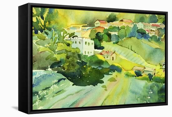 Watercolor Landscape of Village on a Hill-Painterstock-Framed Stretched Canvas