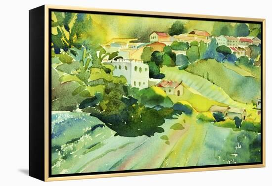 Watercolor Landscape of Village on a Hill-Painterstock-Framed Stretched Canvas