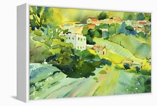 Watercolor Landscape of Village on a Hill-Painterstock-Framed Stretched Canvas