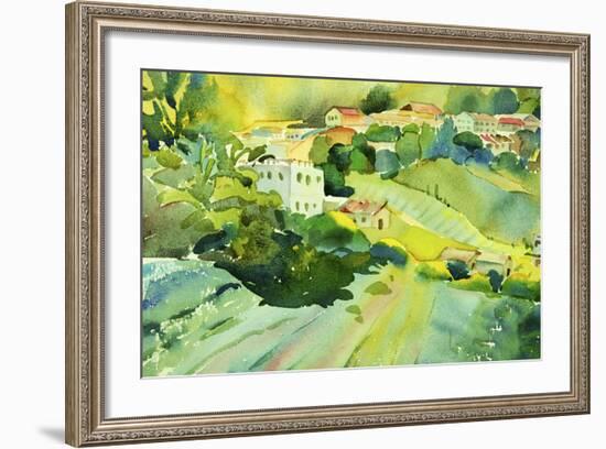 Watercolor Landscape of Village on a Hill-Painterstock-Framed Premium Giclee Print