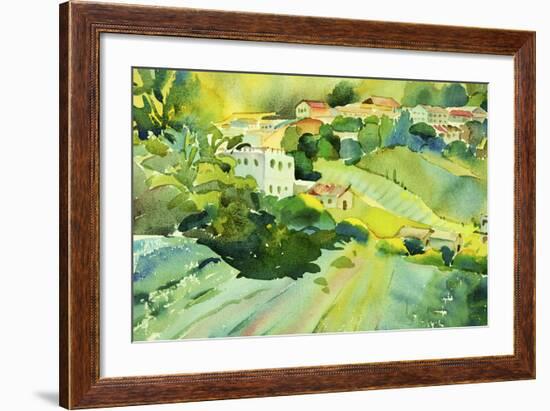 Watercolor Landscape of Village on a Hill-Painterstock-Framed Premium Giclee Print