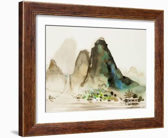 Watercolor Landscape of Village Riverside-Painterstock-Framed Art Print