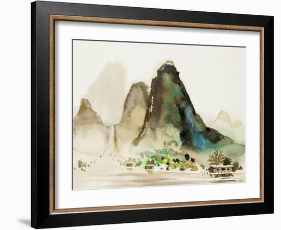 Watercolor Landscape of Village Riverside-Painterstock-Framed Art Print
