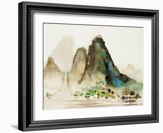 Watercolor Landscape of Village Riverside-Painterstock-Framed Art Print