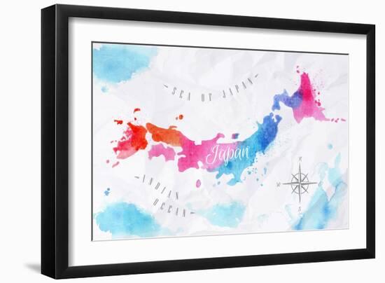 Watercolor Map Japan Pink Blue-anna42f-Framed Art Print