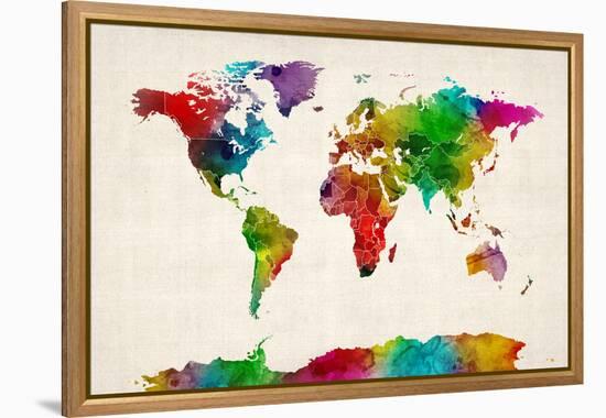 Watercolor Map of the World Map-Michael Tompsett-Framed Stretched Canvas