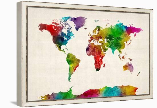 Watercolor Map of the World Map-Michael Tompsett-Framed Stretched Canvas