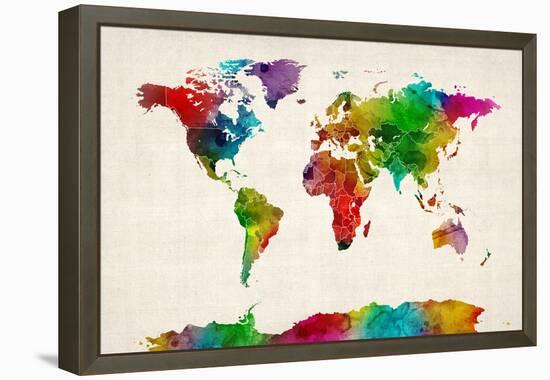 Watercolor Map of the World Map-Michael Tompsett-Framed Stretched Canvas