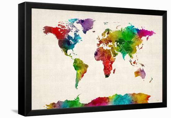 Watercolor Map of the World Map-Michael Tompsett-Framed Stretched Canvas