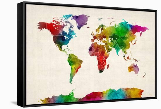 Watercolor Map of the World Map-Michael Tompsett-Framed Stretched Canvas