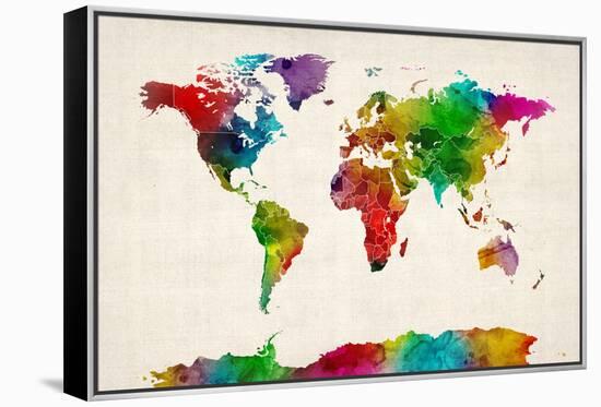 Watercolor Map of the World Map-Michael Tompsett-Framed Stretched Canvas