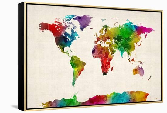 Watercolor Map of the World Map-Michael Tompsett-Framed Stretched Canvas