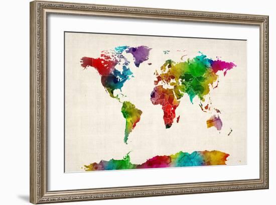 Watercolor Map of the World Map-Michael Tompsett-Framed Art Print