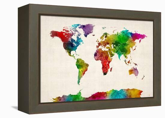 Watercolor Map of the World Map-Michael Tompsett-Framed Stretched Canvas