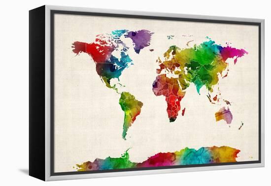 Watercolor Map of the World Map-Michael Tompsett-Framed Stretched Canvas