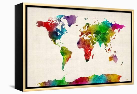 Watercolor Map of the World Map-Michael Tompsett-Framed Stretched Canvas