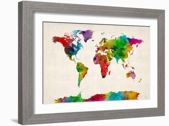 Watercolor Map of the World Map-Michael Tompsett-Framed Art Print