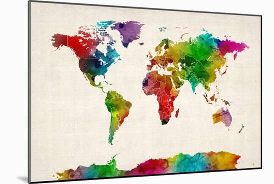 Watercolor Map of the World Map-Michael Tompsett-Mounted Art Print