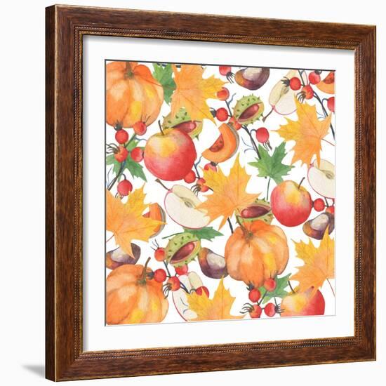 Watercolor Orange Maple Leaves, Orange Pumpkin, Red Apple, Chestnut and Autumn-Maria Mirnaya-Framed Art Print