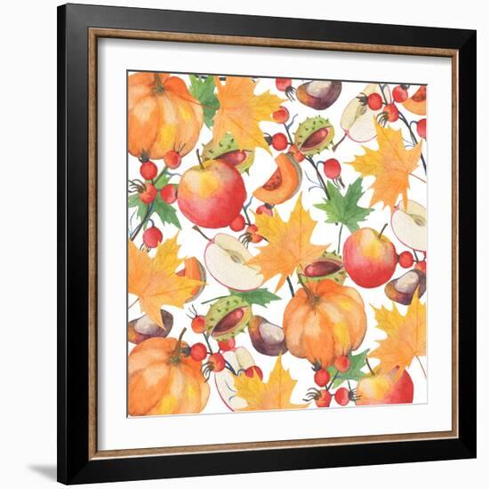 Watercolor Orange Maple Leaves, Orange Pumpkin, Red Apple, Chestnut and Autumn-Maria Mirnaya-Framed Art Print