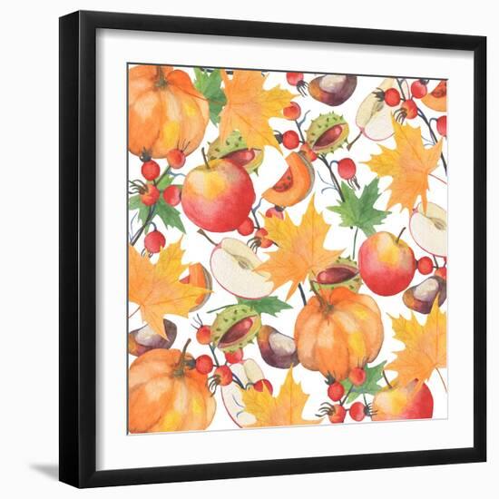 Watercolor Orange Maple Leaves, Orange Pumpkin, Red Apple, Chestnut and Autumn-Maria Mirnaya-Framed Art Print