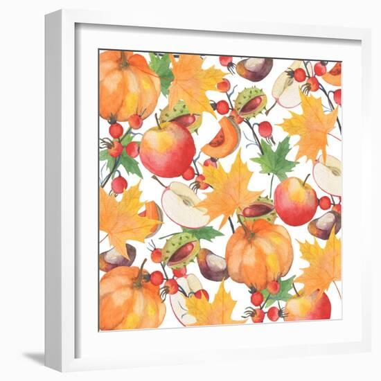 Watercolor Orange Maple Leaves, Orange Pumpkin, Red Apple, Chestnut and Autumn-Maria Mirnaya-Framed Art Print