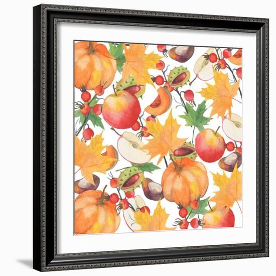 Watercolor Orange Maple Leaves, Orange Pumpkin, Red Apple, Chestnut and Autumn-Maria Mirnaya-Framed Art Print