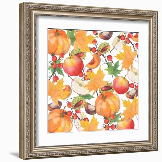 Watercolor Orange Maple Leaves, Orange Pumpkin, Red Apple, Chestnut and Autumn-Maria Mirnaya-Framed Art Print